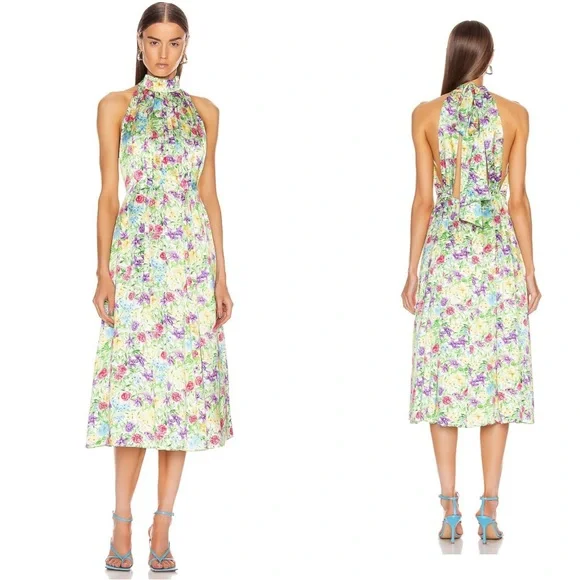 Les Reveries 100% Silk Rose Orchid Pleated Bow Maxi Dress Size 8 - Picture 1 of 13